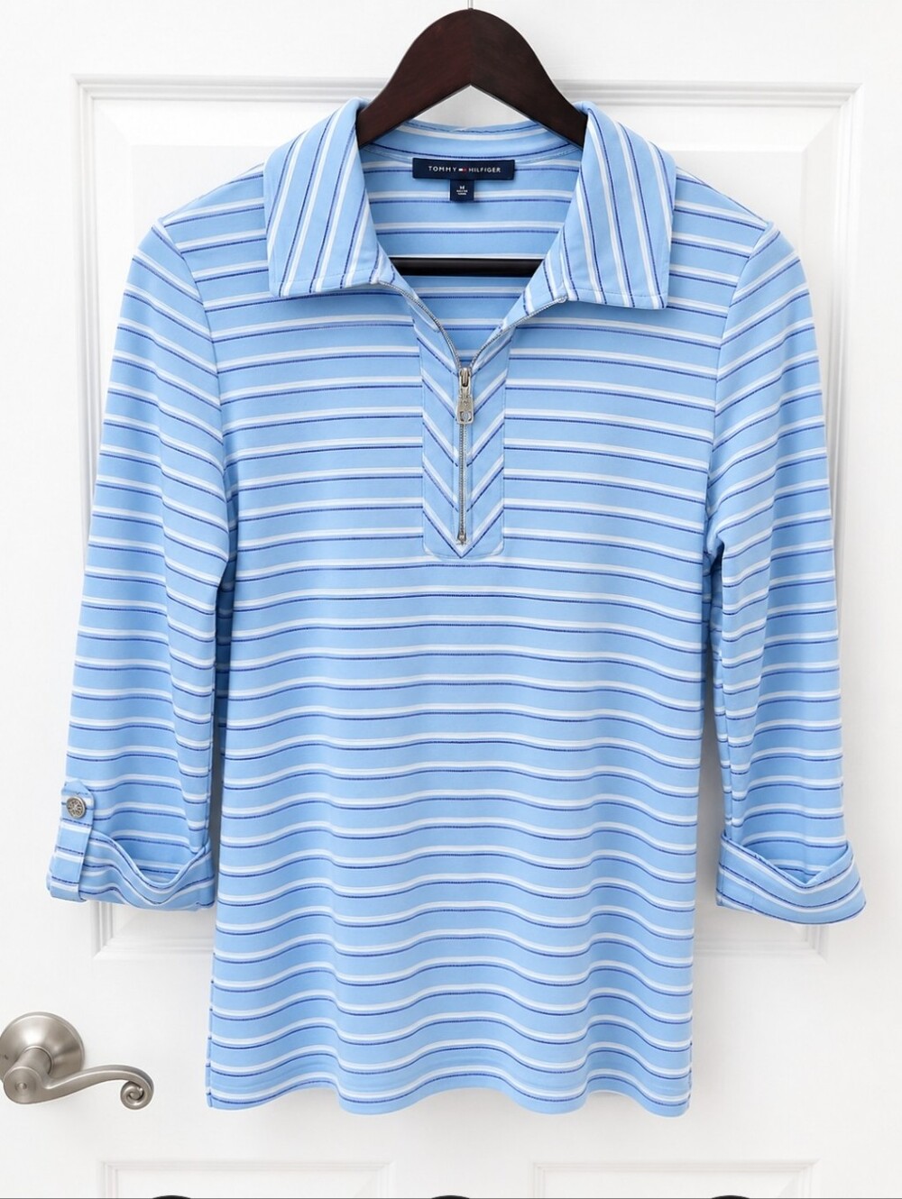 Tommy Hilfiger Blue Striped 1/4 Zip Top Roll Tab Sleeve Stretch Pullover Sz Smal
